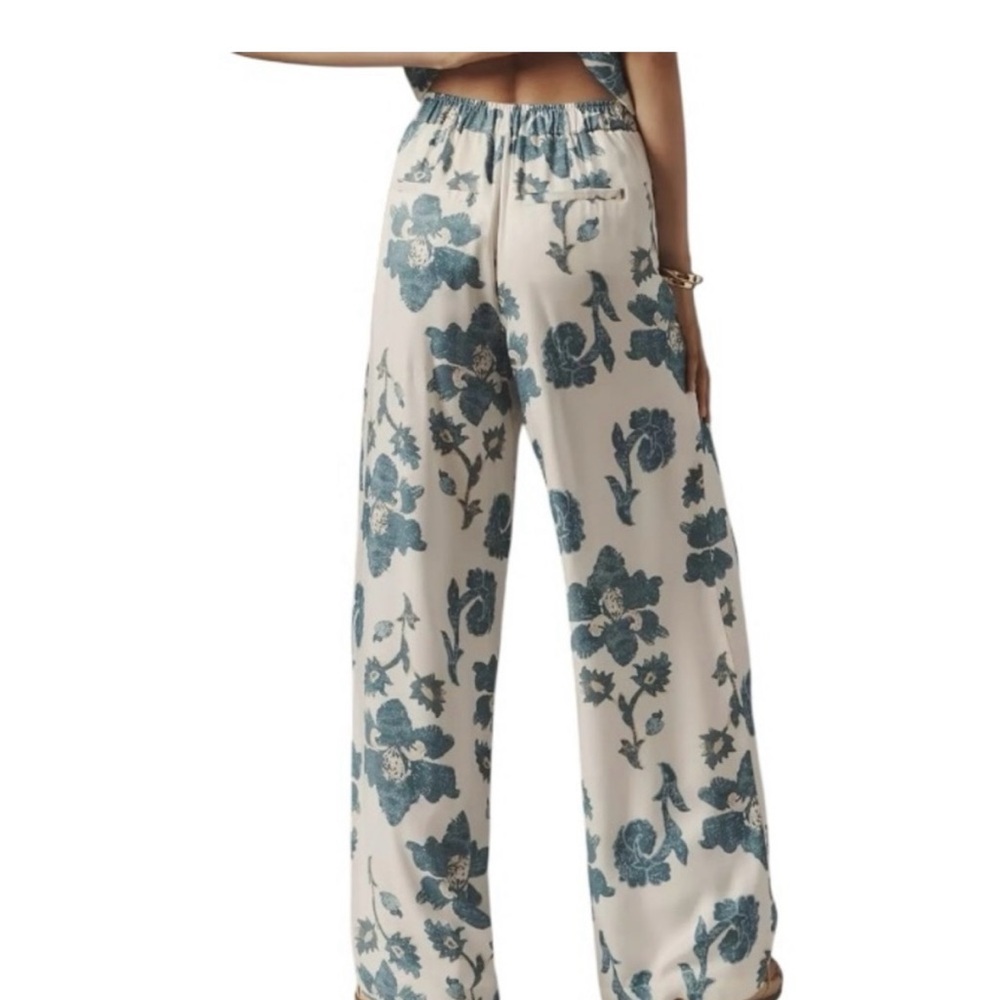 ANTHROPOLOGIE BLOCK PRINT GREEN AND WHITE SILKY TROUSERS SIZE MEDIUM TALL - Picture 9 of 12